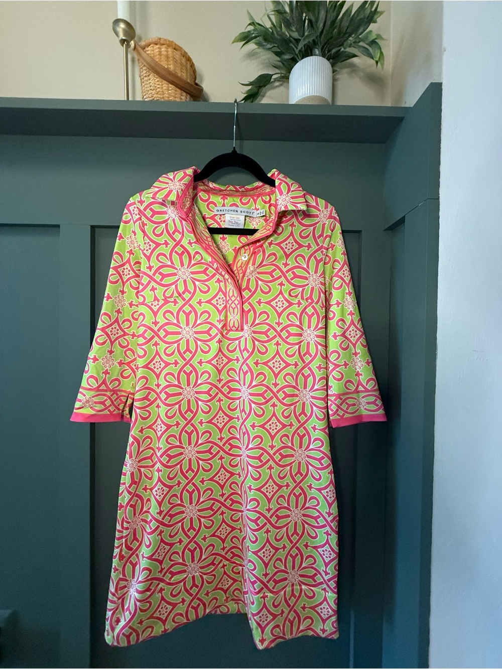 Gretchen Scott Designs Neon Pink and Lime Green Geometric Midi Dress